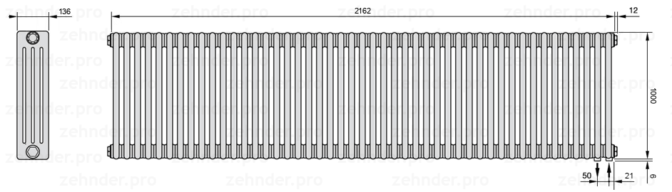 Схема (чертеж) Радиатор Zehnder Charleston 4100/47 №5510 Белый глянцевый RAL 9016